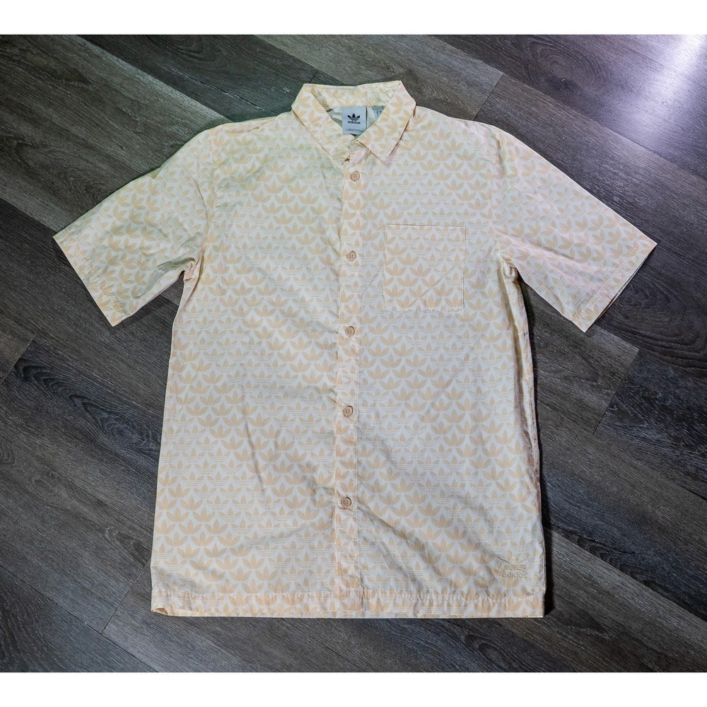 Adidas Trefoil Shirt Mens Medium Beige Short Sleeve Button Up Casual‎ Top